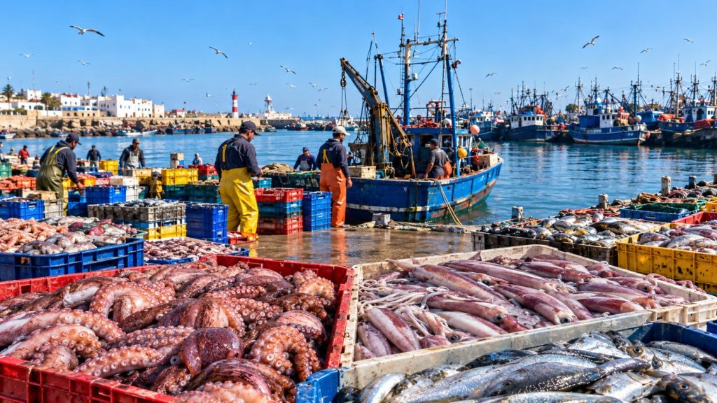 Moroccan seafood landing at a fishing port